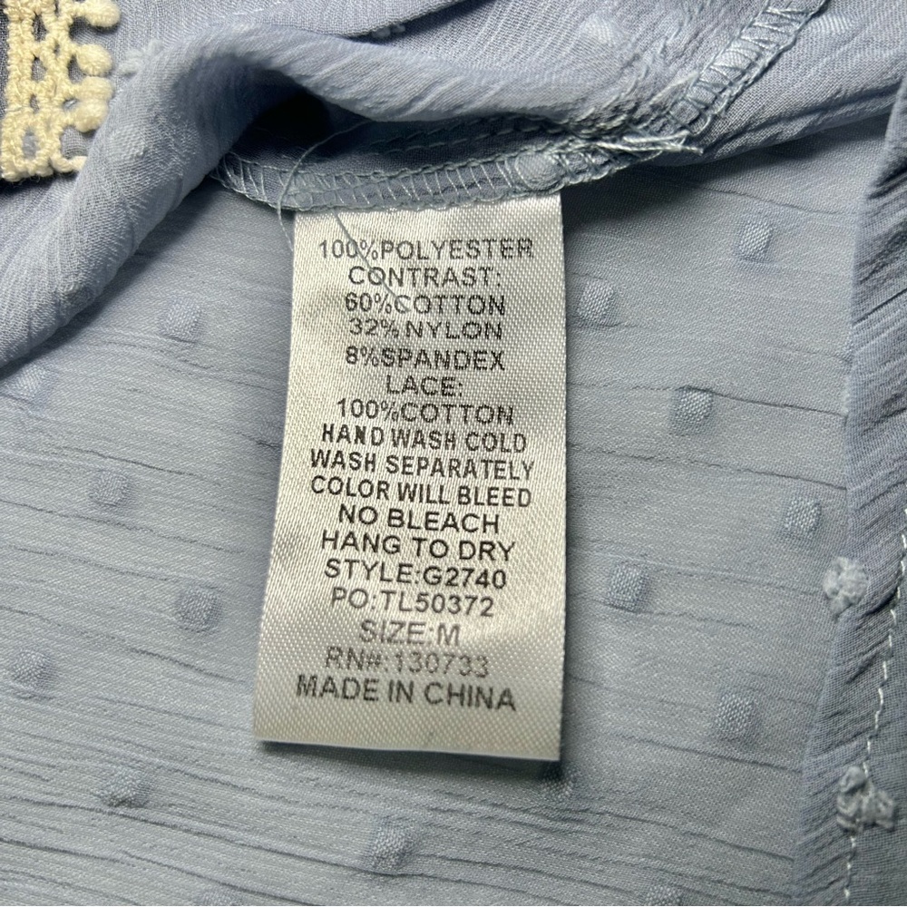 Umgee Blue Sheer Swiss Dot Lace Trim Balloon Sleeve Cottagecore Blouse Sz Medium - Picture 15 of 16